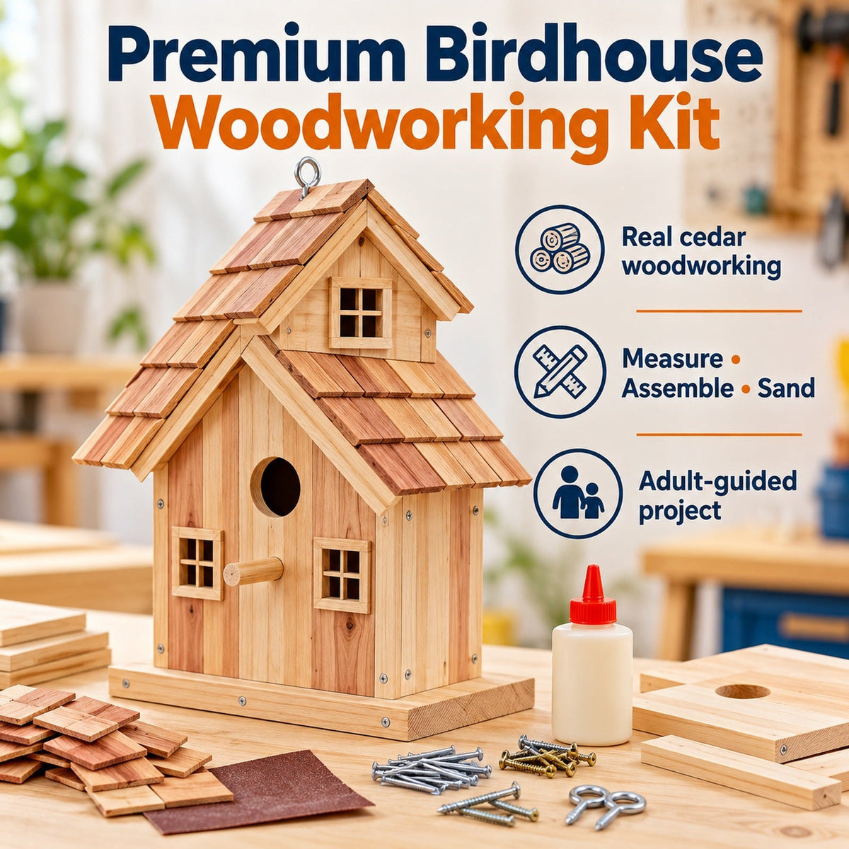 SparkJump Premium Birdhouse Woodworking Kit, cedar birdhouse woodworking project