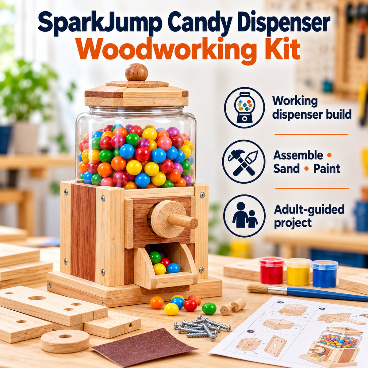 SparkJump Candy Dispenser Woodworking Kit DiscoveryBin-approved product artwork