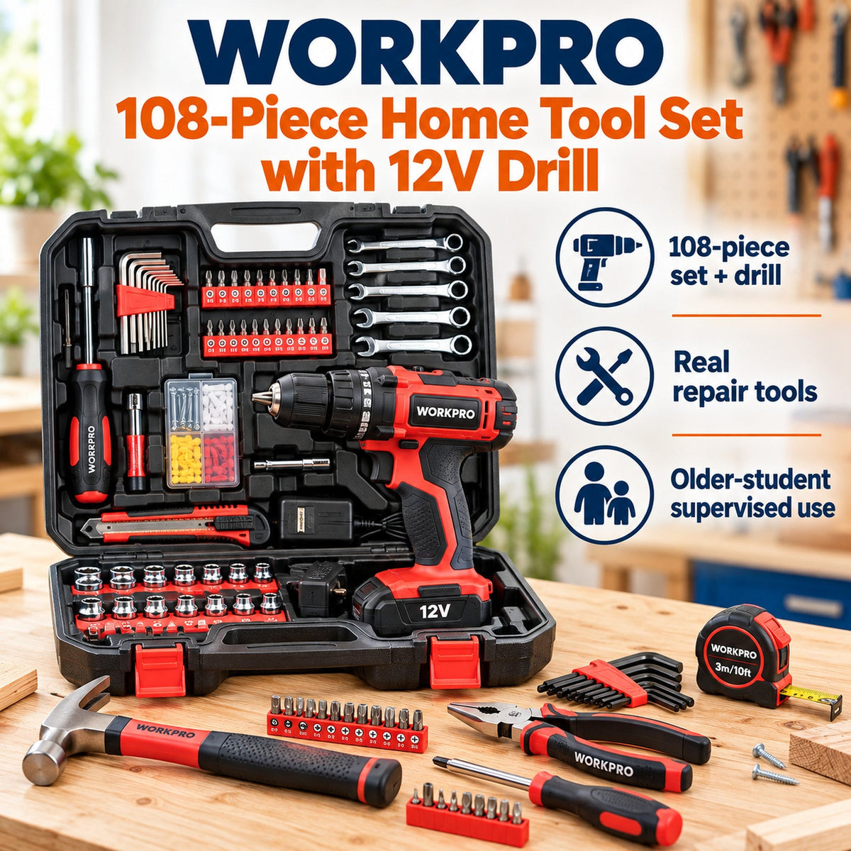 WORKPRO 108 Piece Home Tool Set 12 Volt Drill DiscoveryBin-approved product artwork