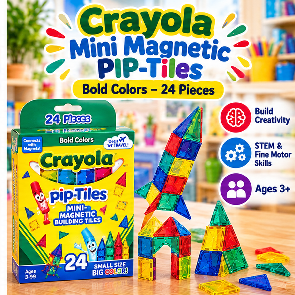 Crayola Mini Magnetic PIP-Tiles Bold Colors 24-piece, three callouts, approved Set B