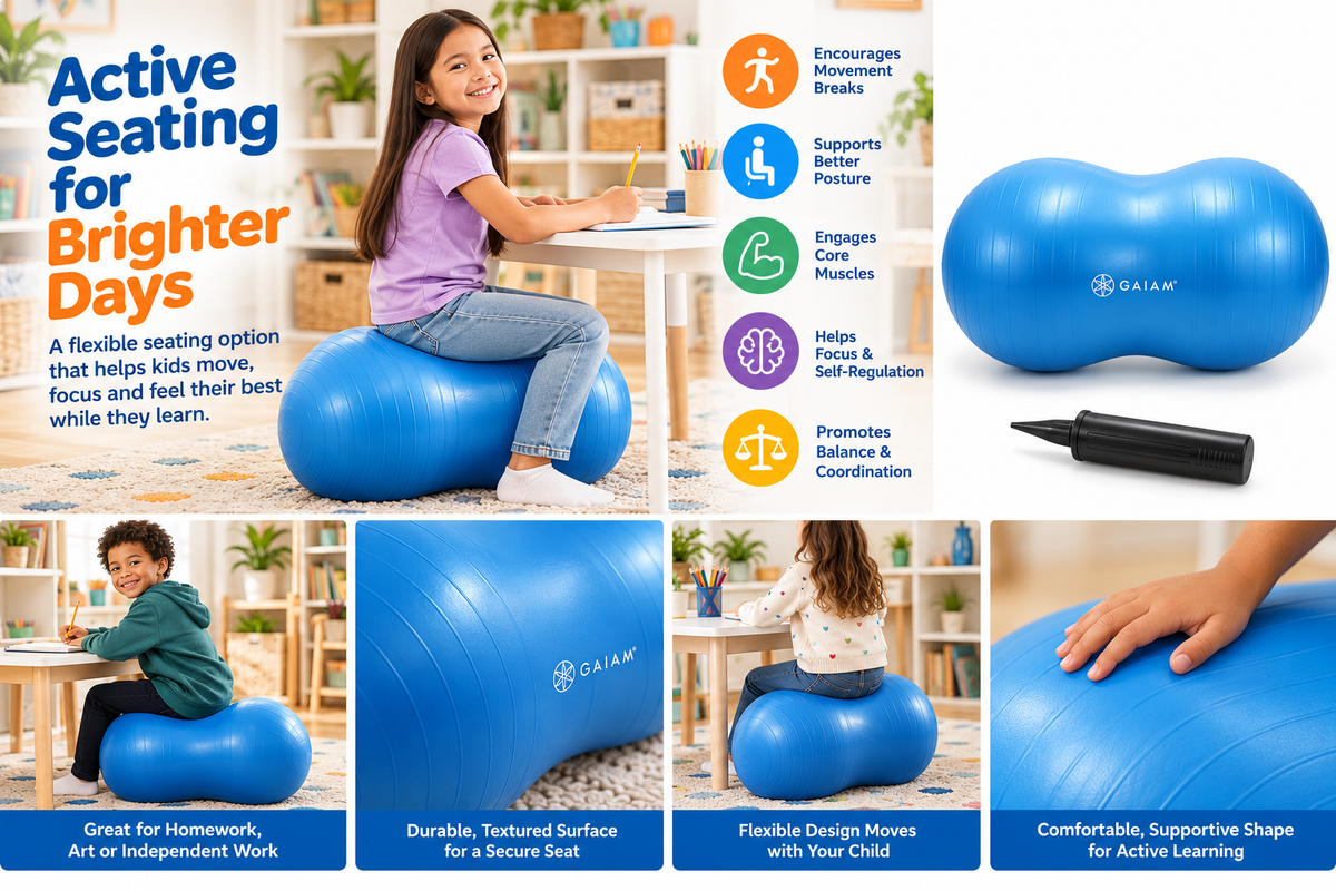 Gaiam kids peanut ball flexible sensory seating in a bright learning space
