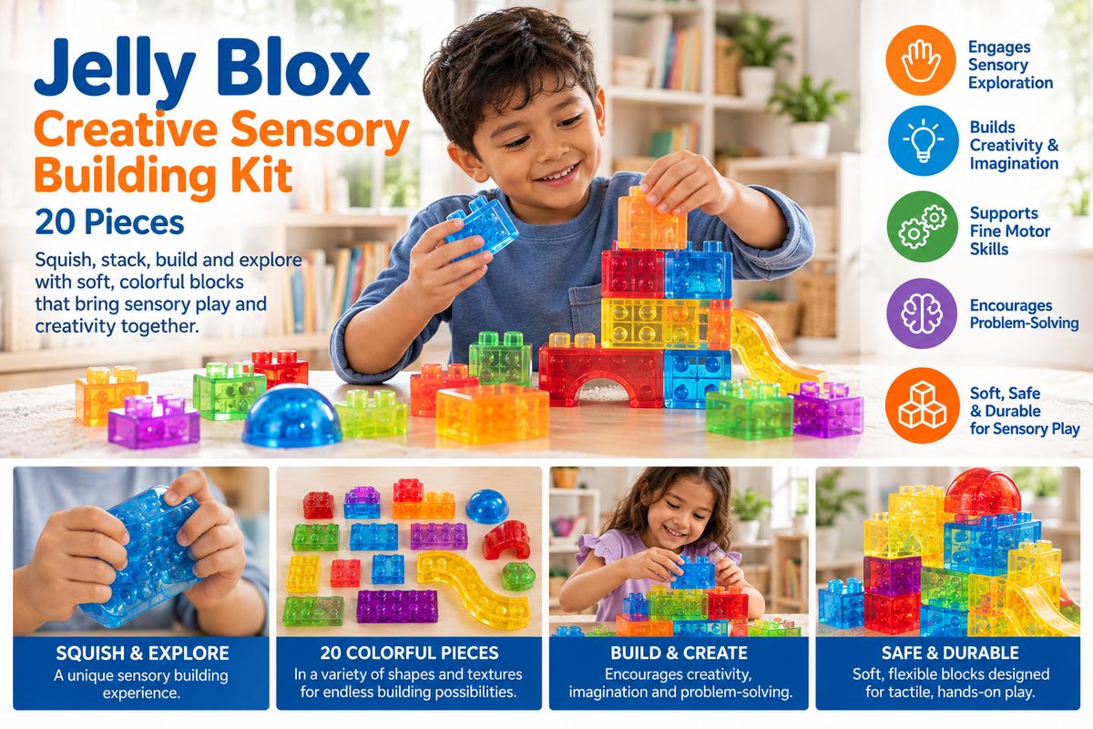 Jelly Blox creative sensory building kit in a bright playroom