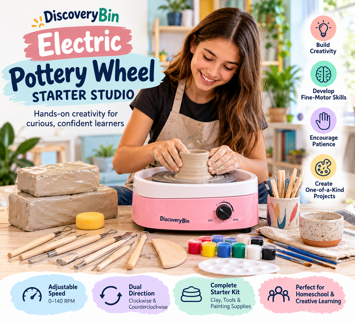 Electric Pottery Wheel Starter Studio – 6" Adjustable Speed Kit