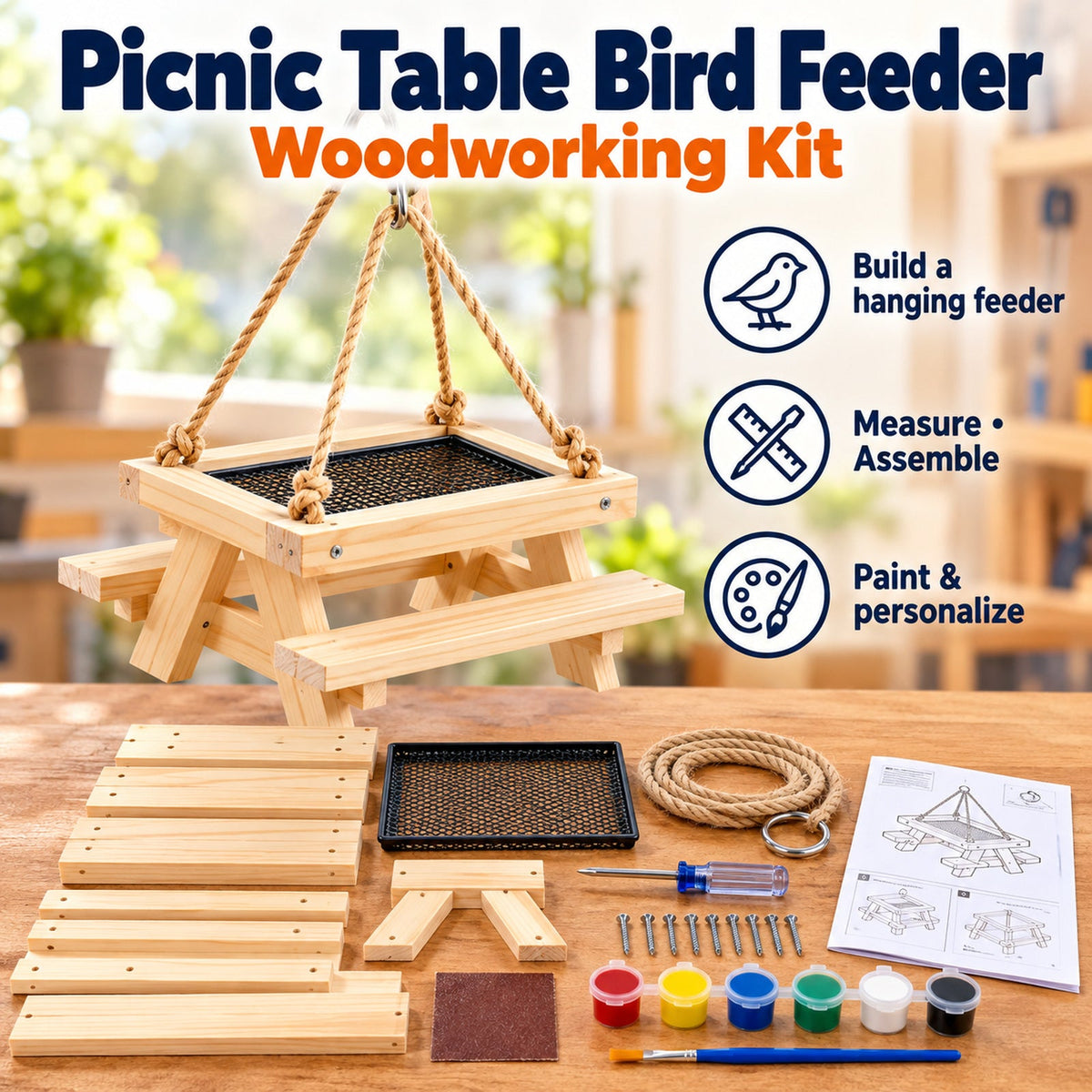 SparkJump Picnic Table Bird Feeder Woodworking Kit DiscoveryBin-approved product artwork