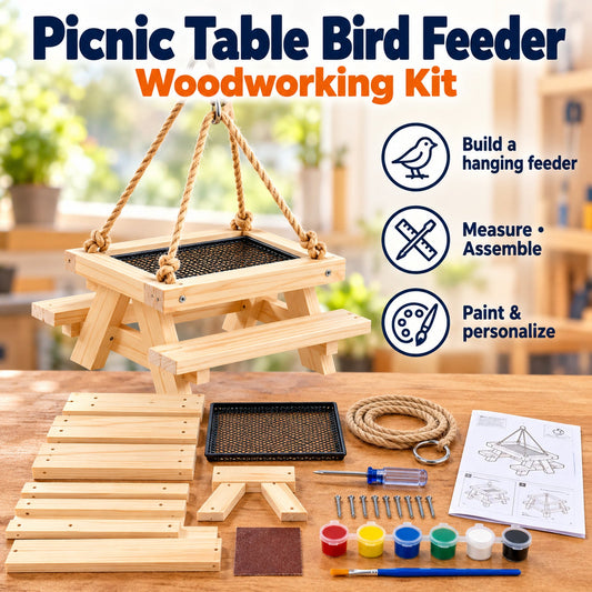 SparkJump Picnic Table Bird Feeder Woodworking Kit DiscoveryBin-approved product artwork