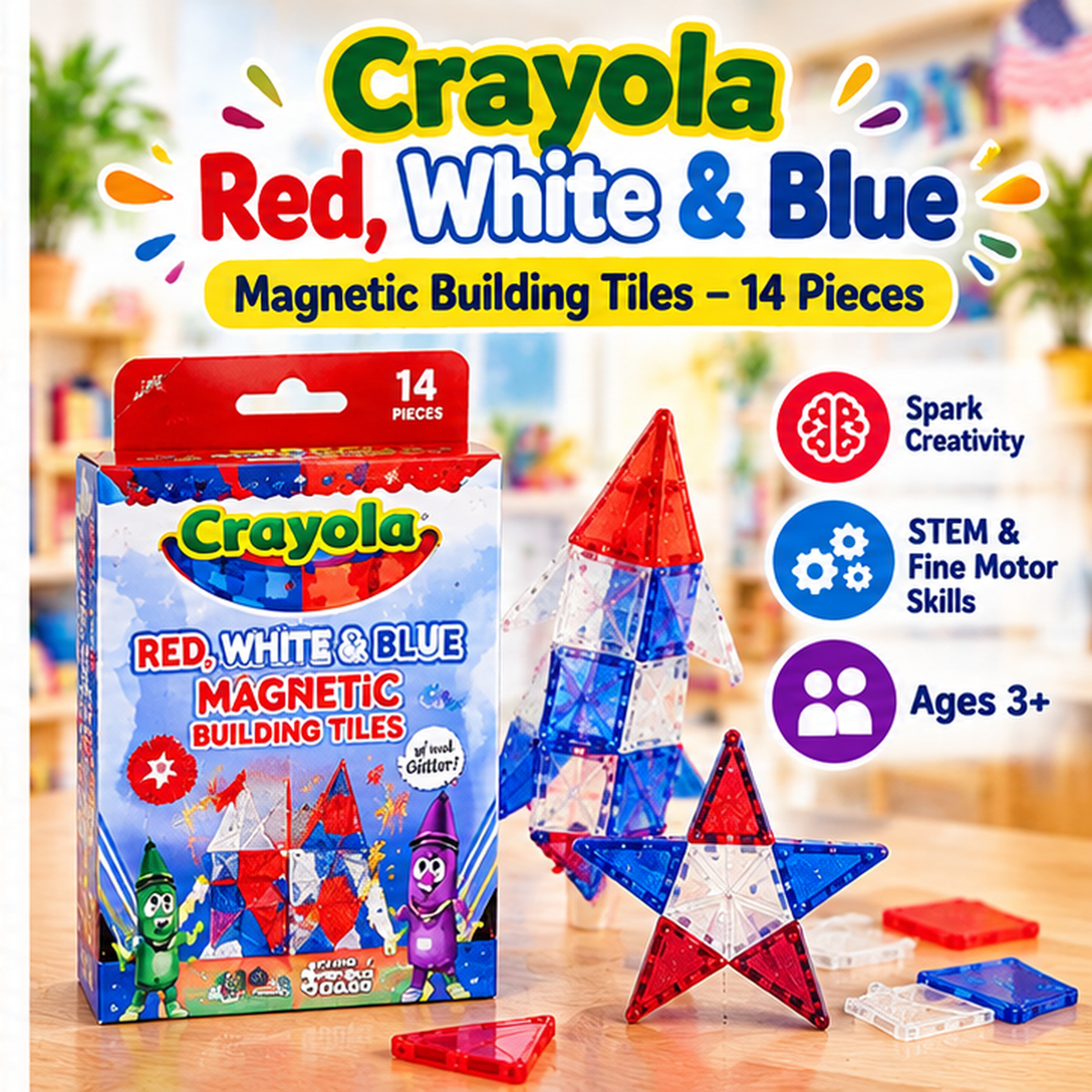 Crayola Red White and Blue Magnetic Building Tiles 14-piece, three callouts, approved Set B