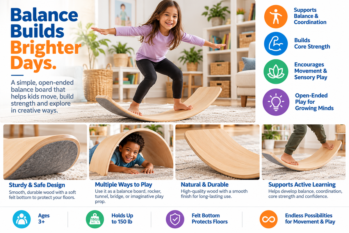 Acorn Avenue wooden balance board with felt bottom in a bright playroom
