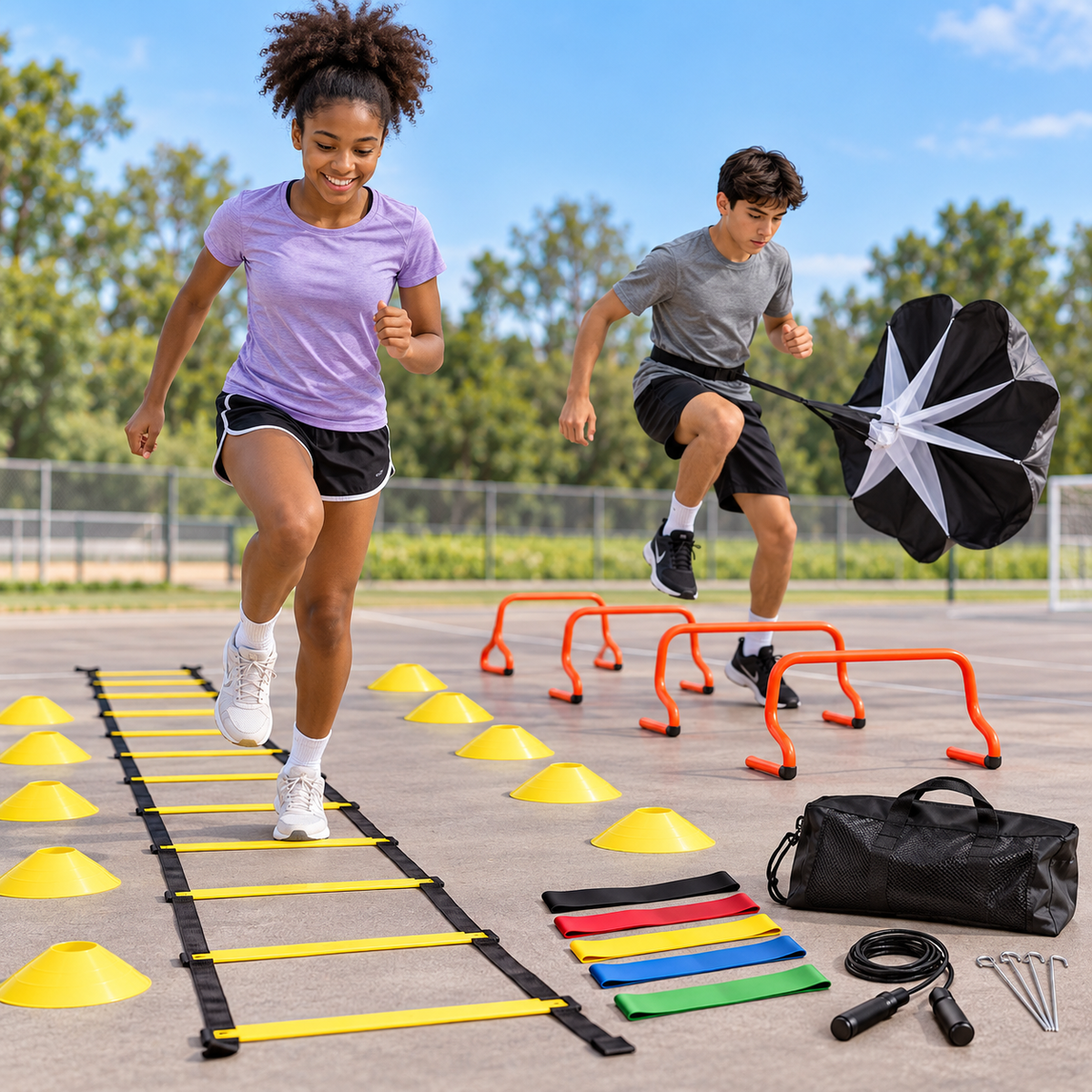 Teen students using an agility ladder, hurdles, cones, resistance parachute, bands, and jump rope for physical education training
