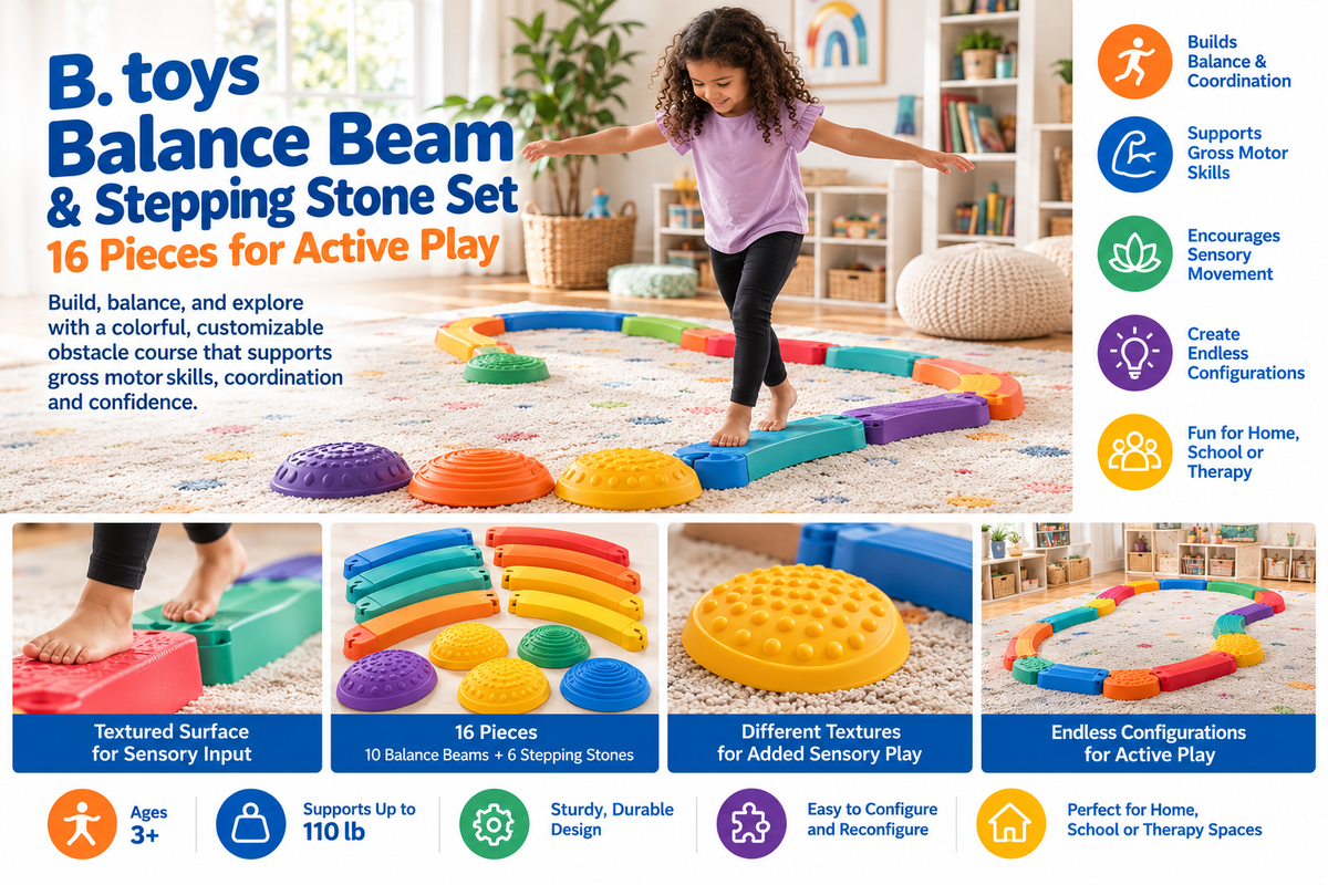 B. toys balance beam and sensory stepping stone set in a bright playroom