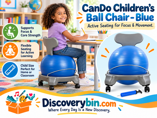 Child using a blue active seating ball chair during homeschool learning