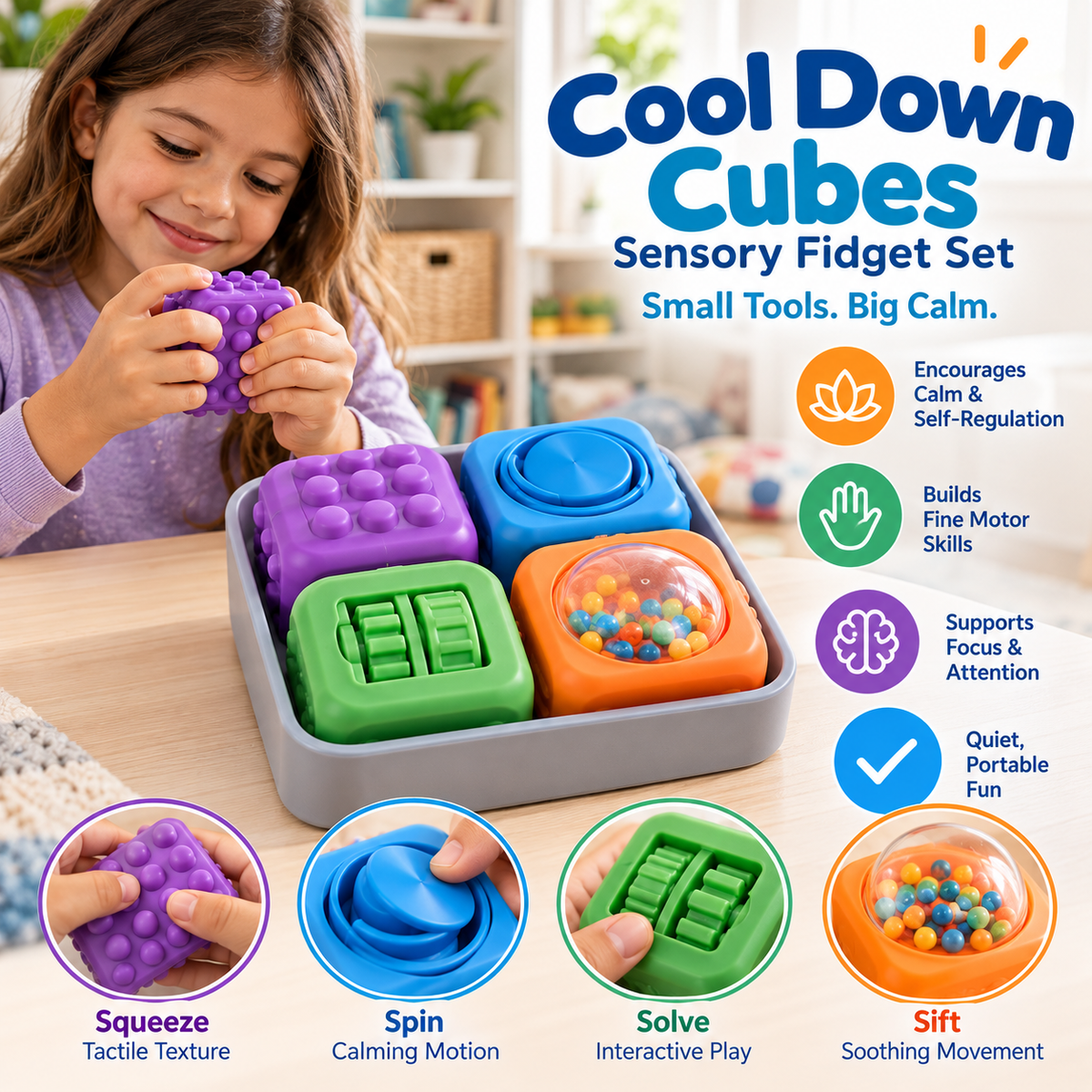 Cool Down Cubes sensory fidget set in a bright learning space