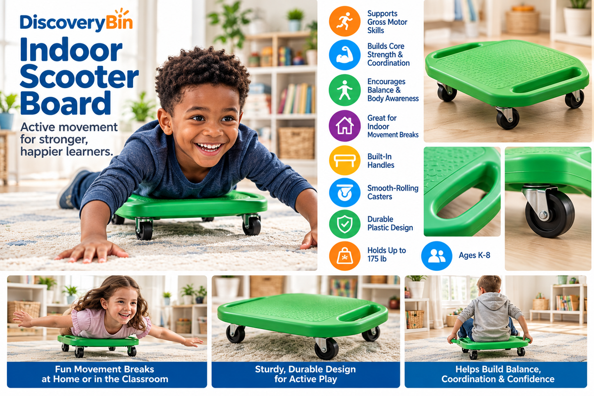 Green indoor scooter board with handles in a bright learning space