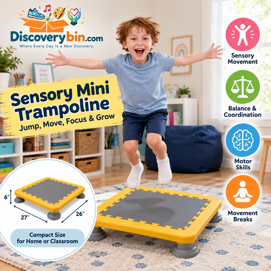 Child using a yellow sensory mini trampoline for movement, balance, coordination, and homeschool activity breaks