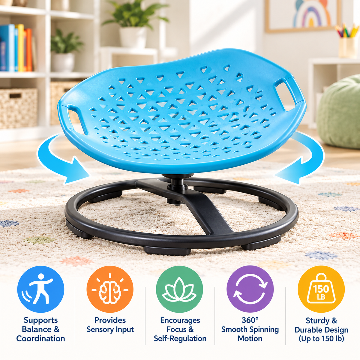 Sensory spinning chair for balance, coordination, and regulation