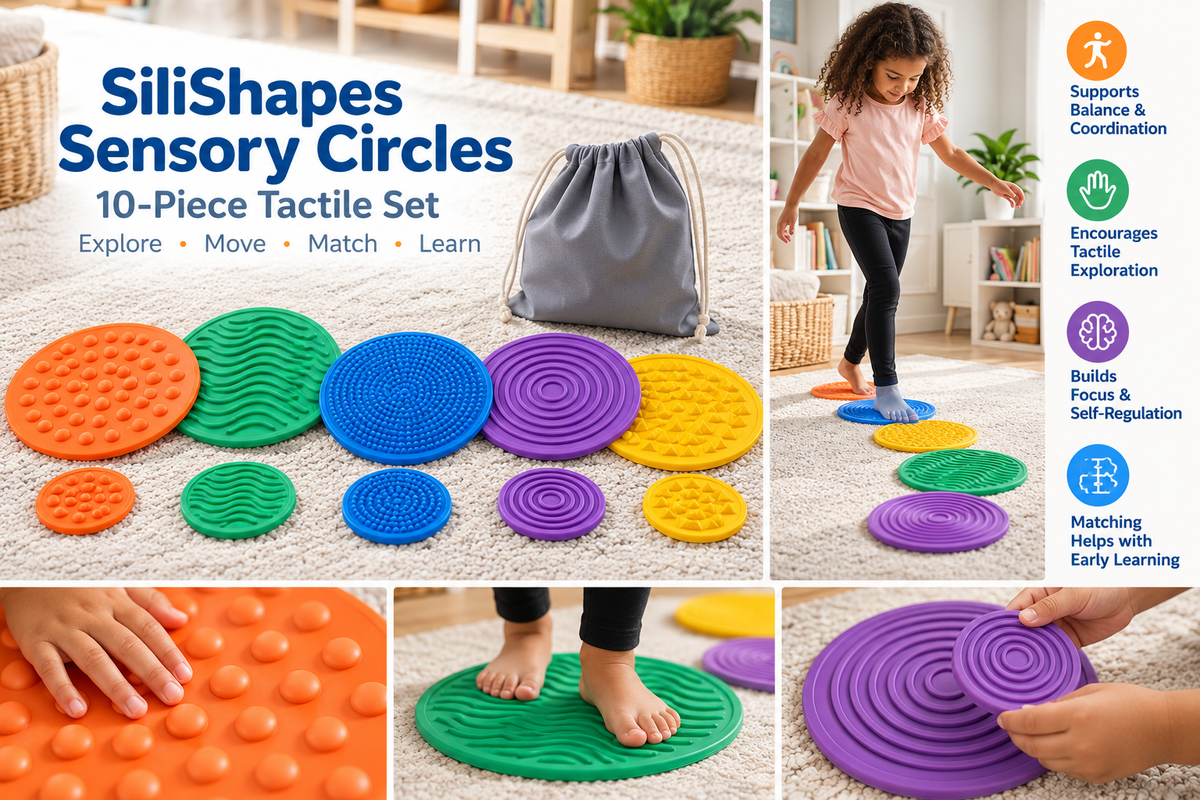 SiliShapes Sensory Circles 10-piece tactile set in a bright playroom