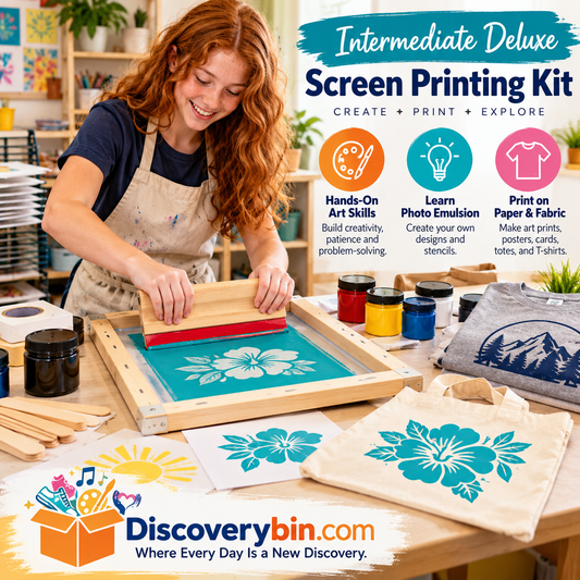 Red-haired teen learning screen printing with an Intermediate Deluxe Screen Printing Kit