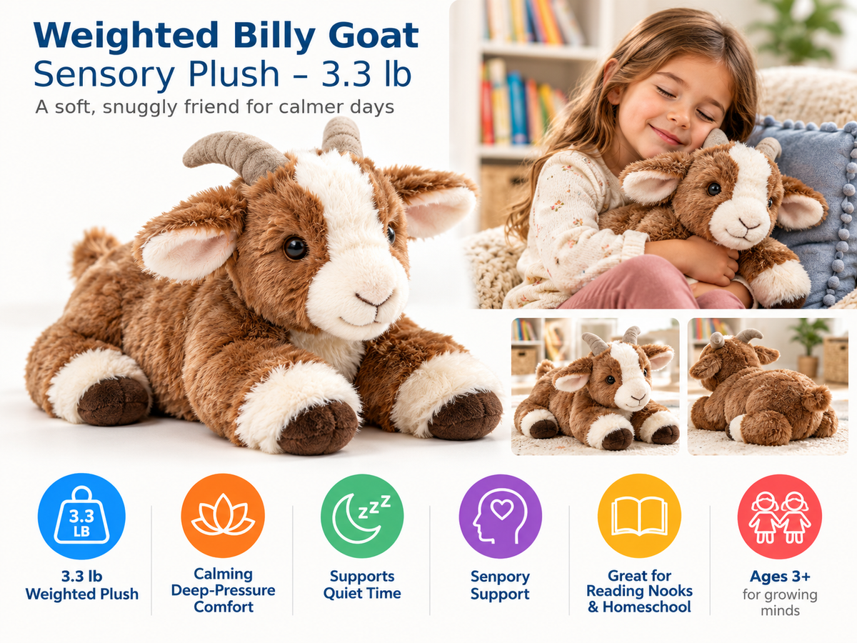 Weighted Billy Goat sensory plush with calming lifestyle scene