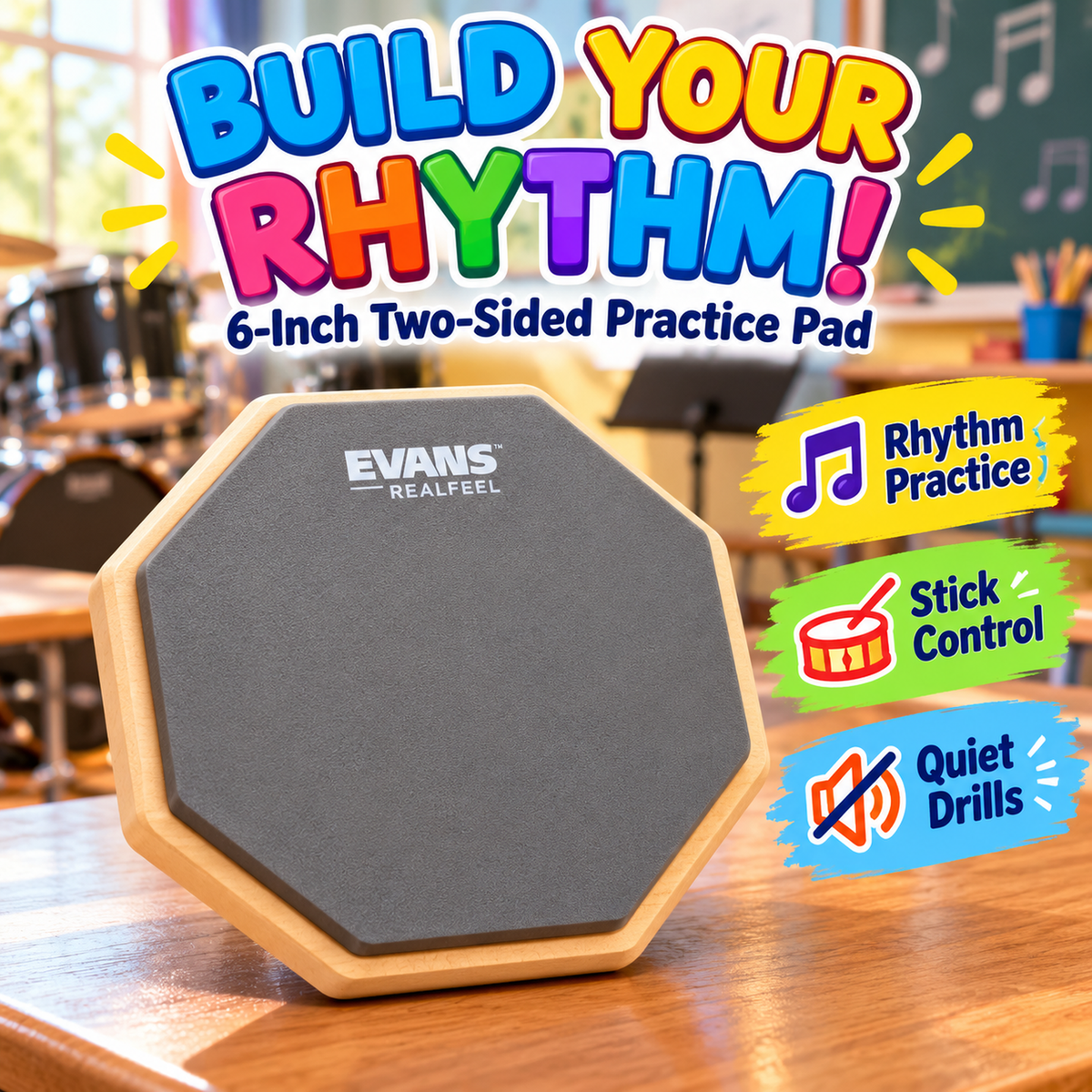 Evans RealFeel 6-inch two-sided drum practice pad; rhythm and stick control learning-benefit callouts