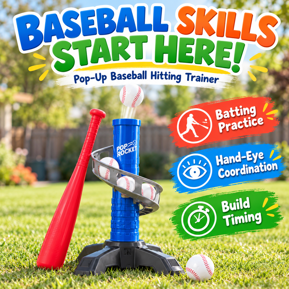 Franklin Pop Rocket baseball hitting trainer with bat and five practice balls; batting and timing learning-benefit callouts