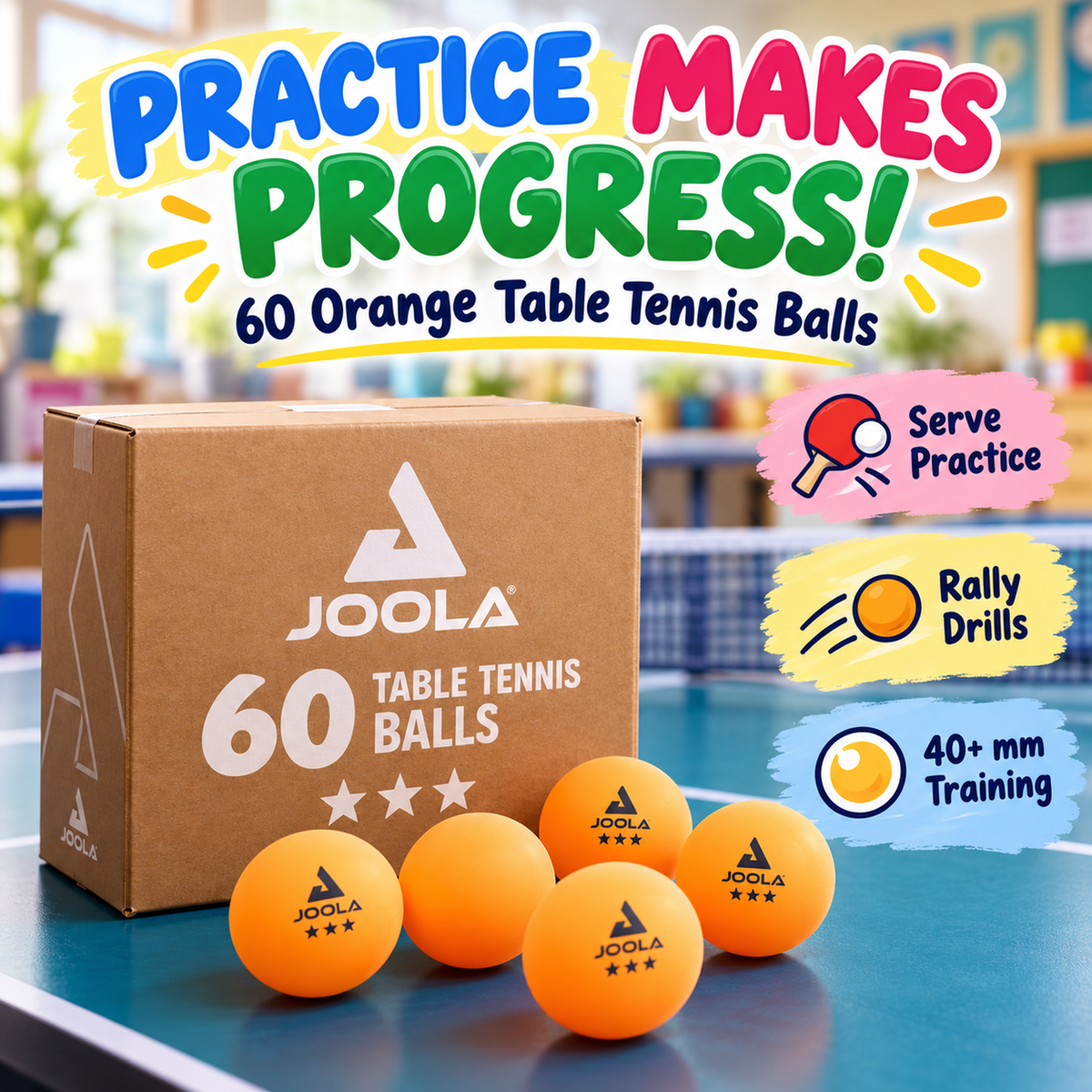 JOOLA 60 orange 3-star table tennis training balls with practice-drill callouts