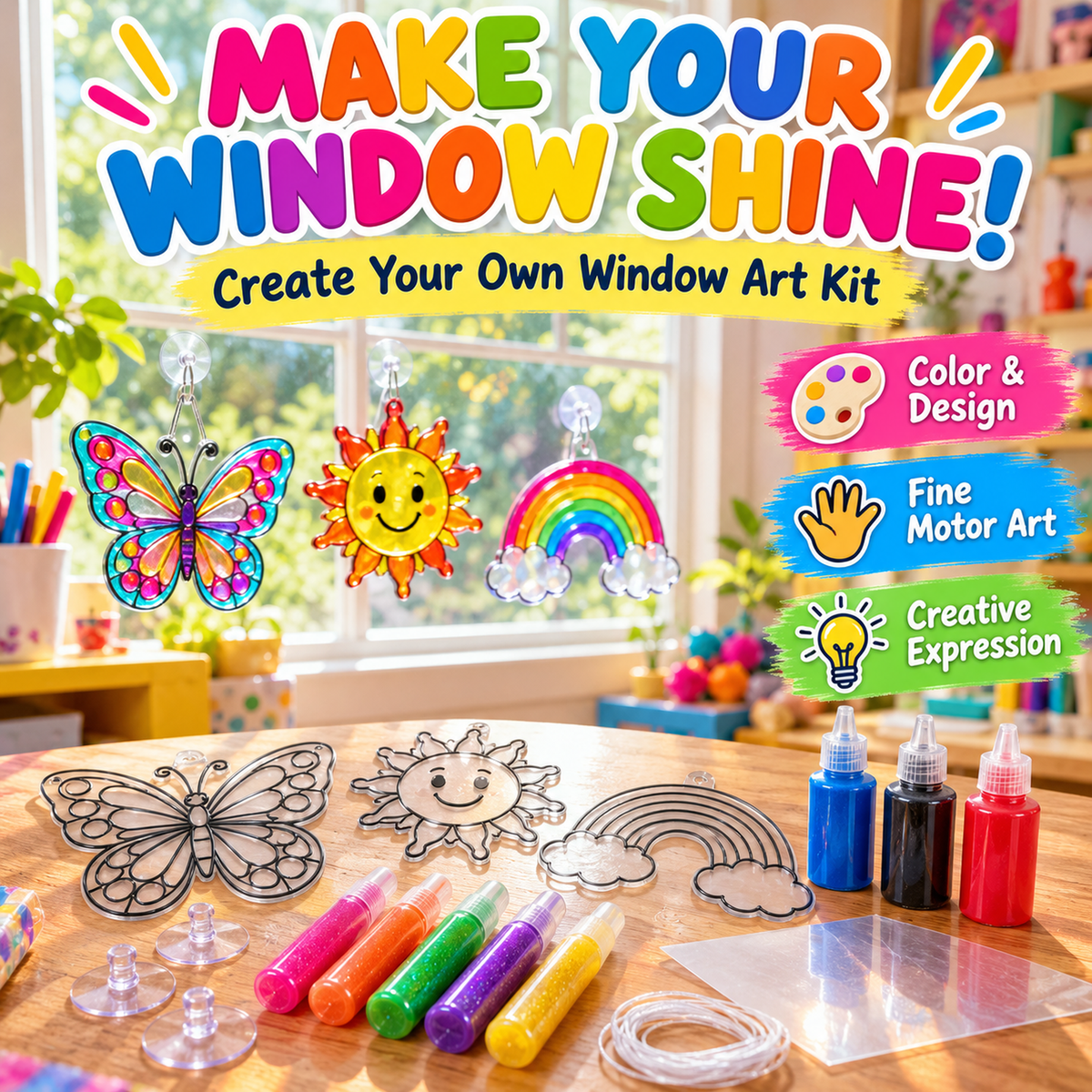 Made By Me Create Your Own Window Art Kit showing suncatcher art and creative activity callouts