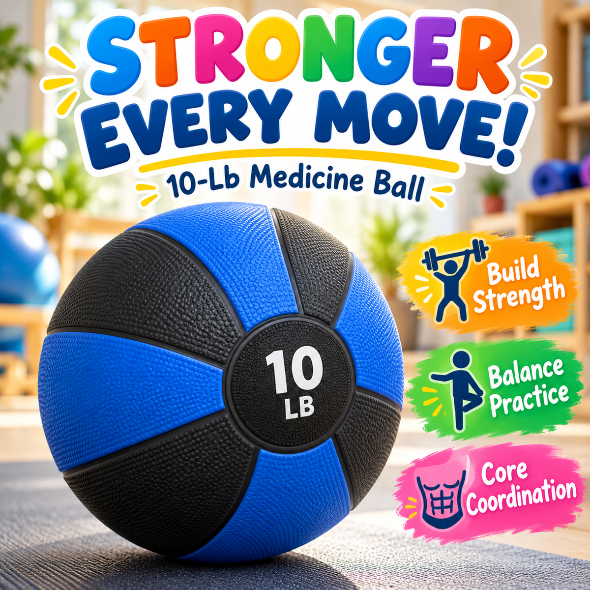 Blue black 10-pound medicine ball with strength and balance PE learning-benefit callouts
