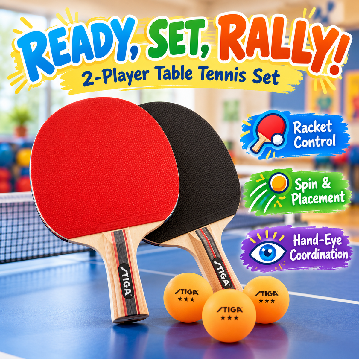 STIGA Performance 2-player table tennis set, two paddles and three orange balls, with racket-skill callouts